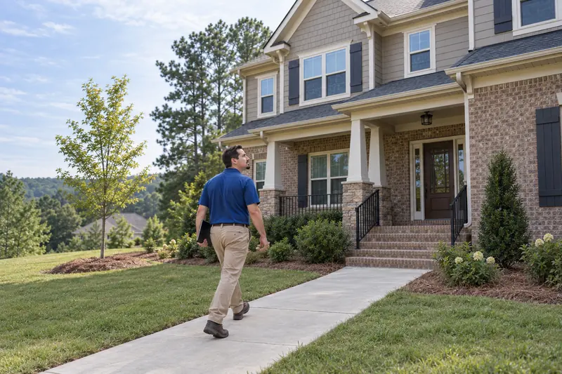 George Karampoulis walking up the front walk toward the porch steps and front door of a newer Craftsman-style home