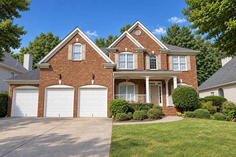 A brick two-story home with a three-car garage and a green lawn on a sunny morning