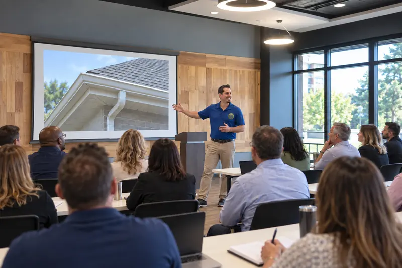 George Karampoulis teaching a room of real estate agents, pointing to a photo of a roofline on a projection screen