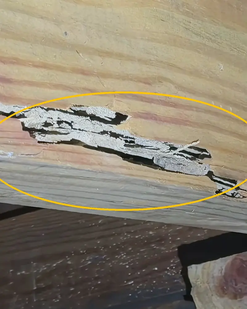 Close-up of a damaged wooden framing member in a crawl space, circled in yellow