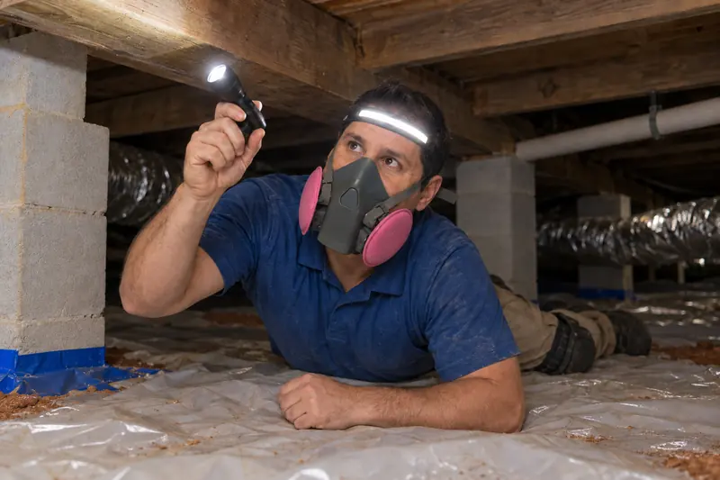 George Karampoulis lying on a crawl-space vapor barrier in a respirator and headlamp, shining a flashlight up at the floor framing