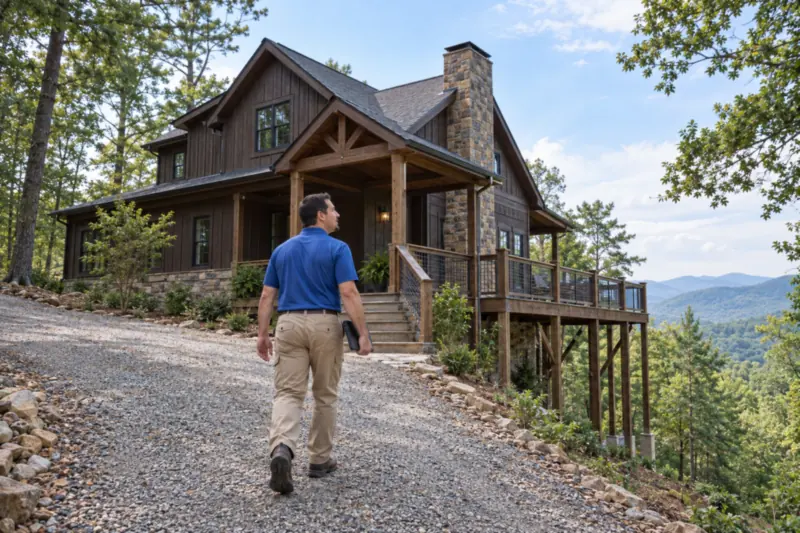 George Karampoulis walking up a gravel driveway toward a mountain home with a stone chimney and a deck on tall posts, blue ridges in the distance