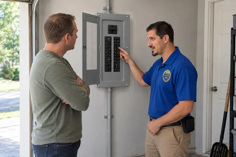 George Karampoulis pointing to the breakers in an electrical panel in a garage while a buyer listens