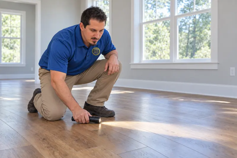 George Karampoulis kneeling on a new wood floor, holding a flashlight low so its light rakes across the surface
