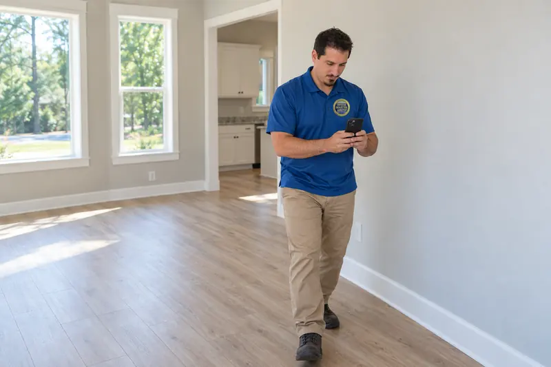 George Karampoulis walking through an empty living room, holding up a phone to scan the room for a floor plan