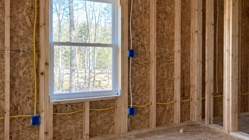 A new house’s walls before insulation and drywall, with electrical cable run through the studs to blue outlet and switch boxes beside a window