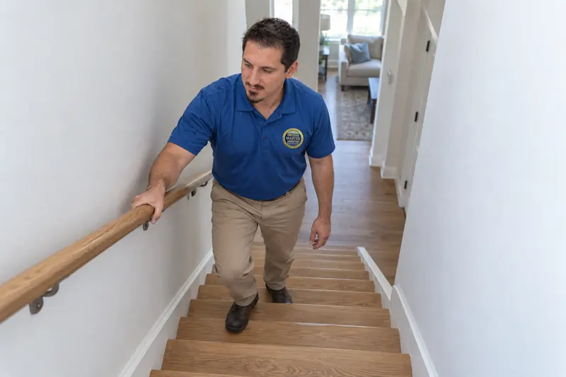 George Karampoulis climbing the stairs of a newly finished home, gripping the wall-mounted handrail to test it