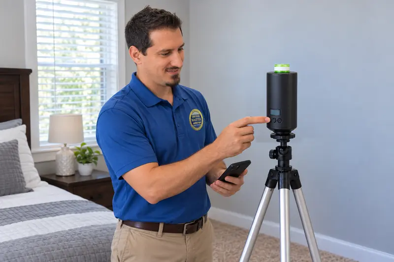 George Karampoulis setting up an air-sampling pump on a tripod in a bedroom