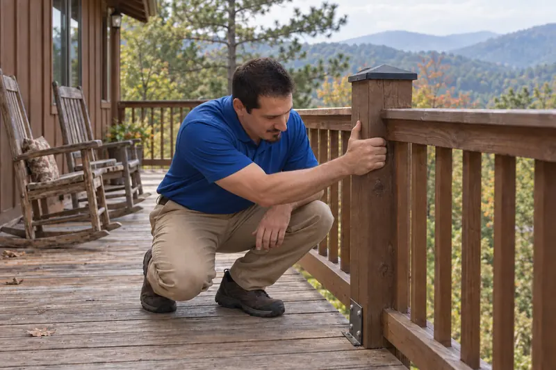 George Karampoulis crouching on a cabin deck, gripping a railing post to test it for movement, with mountain ridges behind