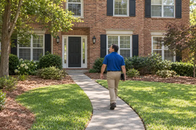 George Karampoulis walking up the curved front walk toward a two-story brick home with black shutters, looking up at the house, a tablet in his hand