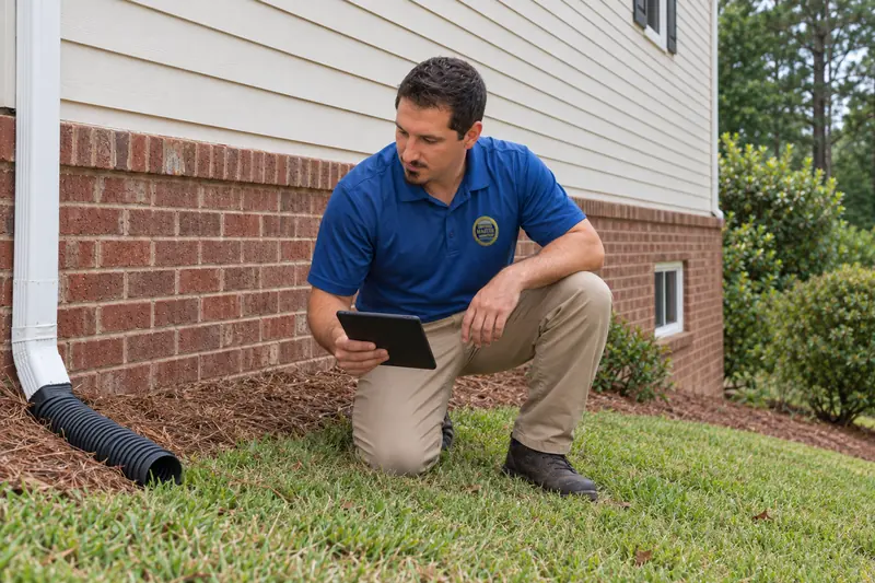 George Karampoulis kneeling on the lawn beside a brick foundation, near a downspout extension, looking at his tablet