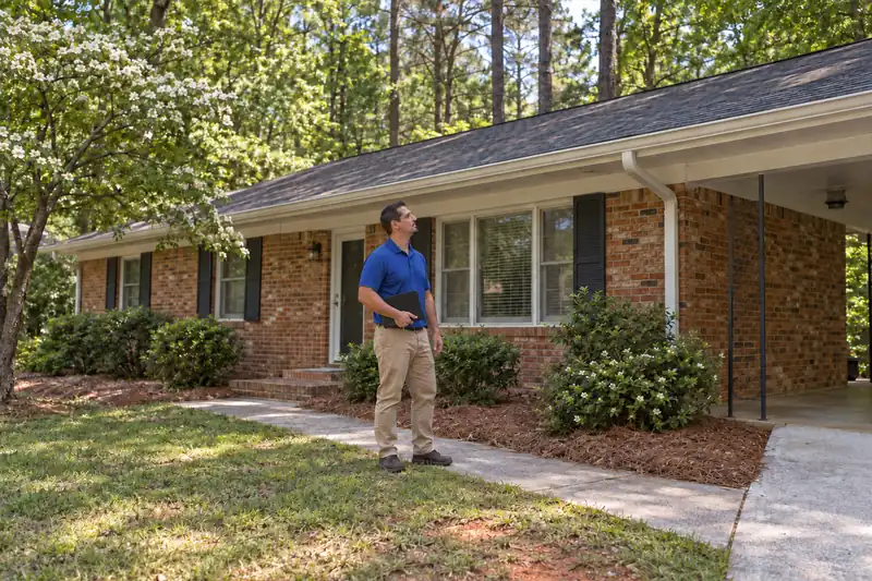 George Karampoulis in the front yard of an older one-story brick home, looking up at the roofline
