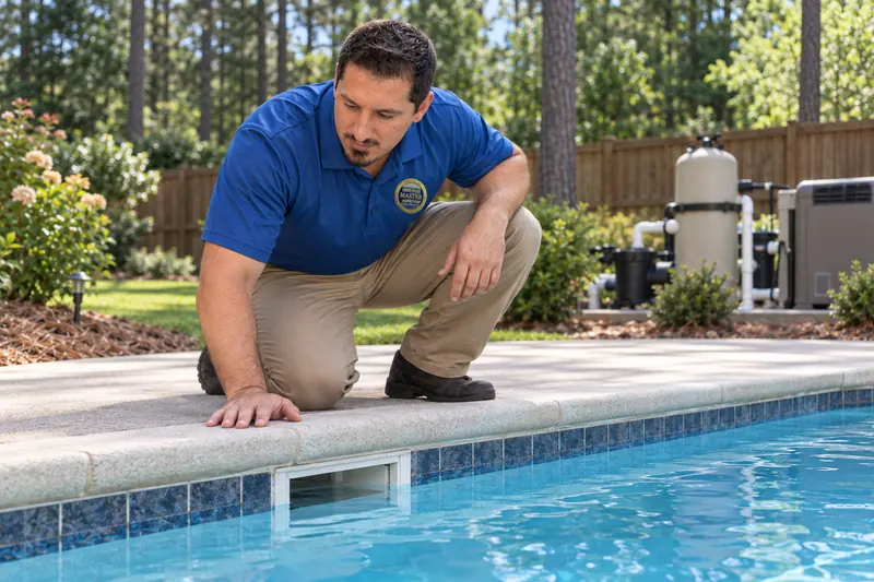 George Karampoulis kneeling at the edge of a pool, looking along the waterline tile beside the skimmer