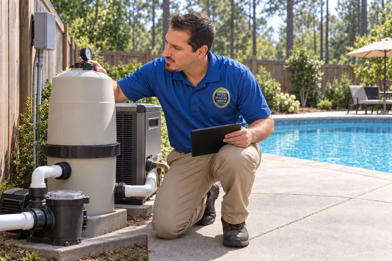 George Karampoulis crouching at a backyard pool’s equipment pad, reading the pressure gauge on top of the filter, with the pool behind him