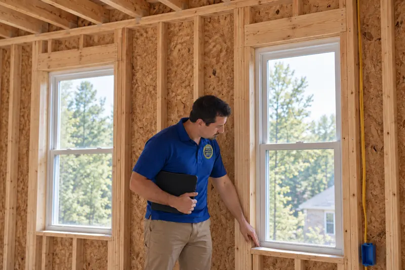 George Karampoulis running his fingertips along the framed sill of a window in a new house before drywall, a tablet under his arm