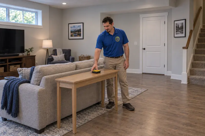 George Karampoulis setting a square yellow-and-black radon monitor flat on a sofa table in a finished basement, away from the walls