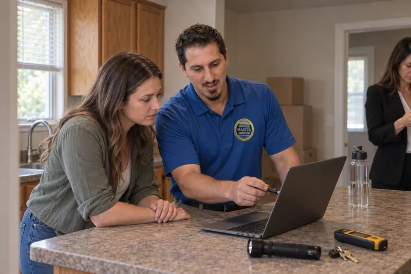 George Karampoulis going through findings on his laptop with a buyer at a kitchen counter while an agent checks her phone nearby