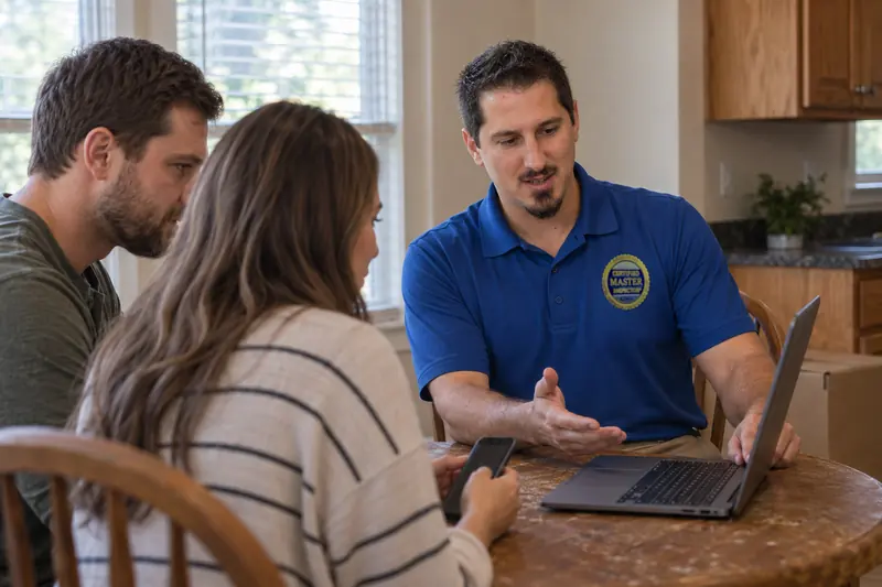 George Karampoulis showing two buyers the findings on his laptop at a breakfast table