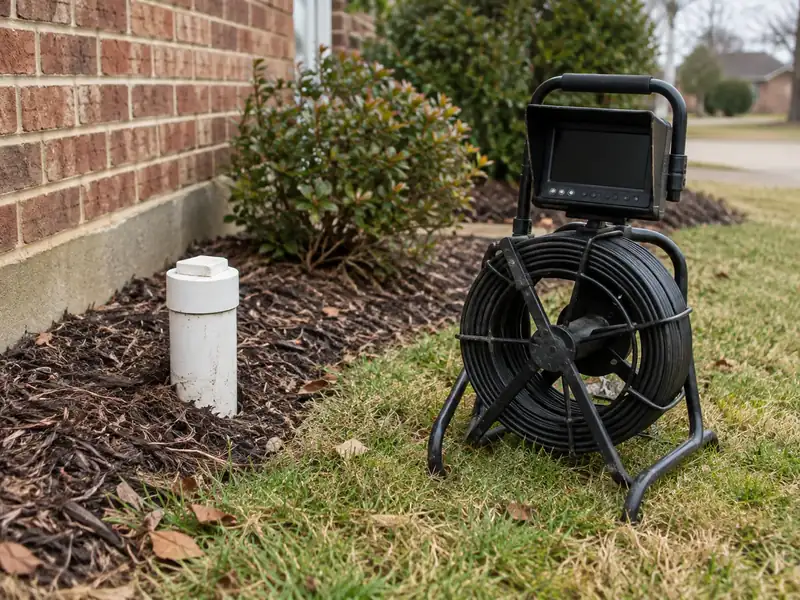 A capped white sewer cleanout pipe in a mulched bed beside a sewer-camera reel with a small monitor