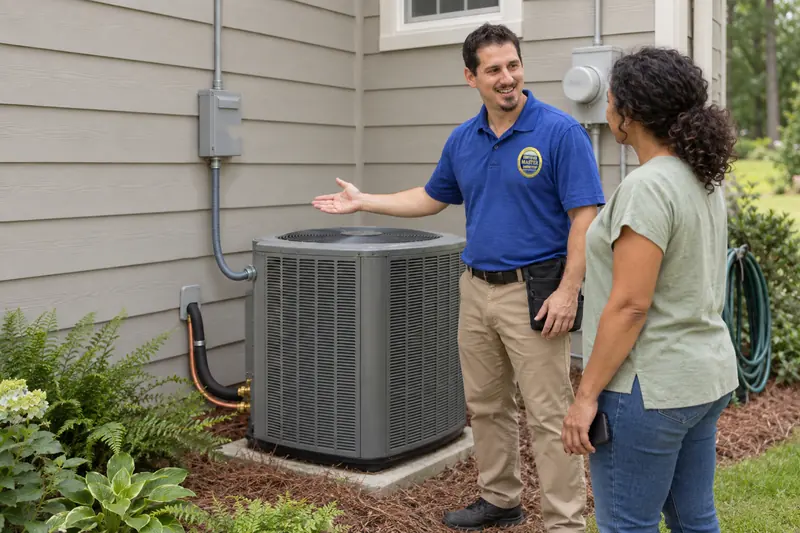 George Karampoulis gesturing toward an outdoor air-conditioning unit as he explains a finding to a buyer