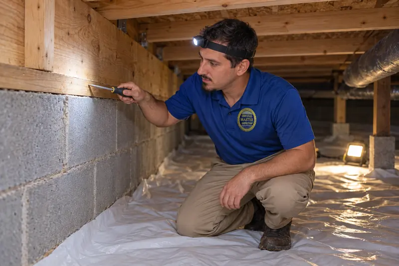 George Karampoulis in a headlamp, pressing a screwdriver tip against the wooden sill plate on top of a crawl-space block wall