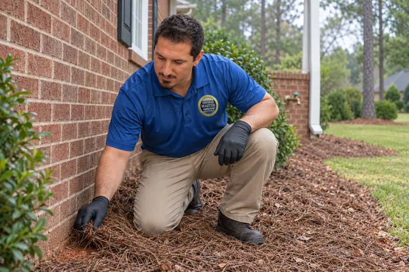 George Karampoulis in work gloves, kneeling to pull pine straw back from the base of a brick house wall